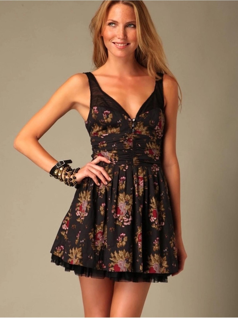 Free People Dark Blue Floral Tulle Cabbage Rose Dress 4 flare sleeveless sheer